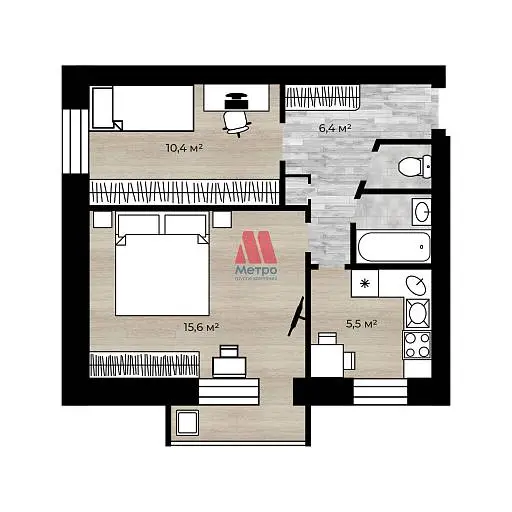 2-комн. квартира, 41,2 м², 4/5 этаж