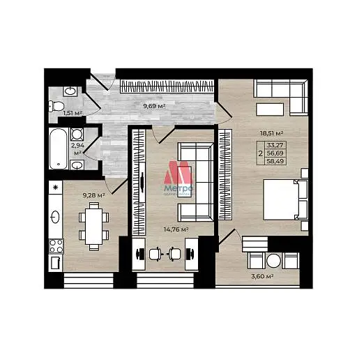 2-комн. квартира, 58,5 м², 19/24 этаж
