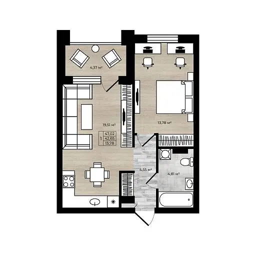 1-комн. квартира, 41,7 м², 1/7 этаж