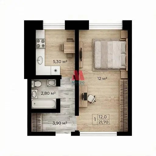 1-комн. квартира, 21,7 м², 8/9 этаж