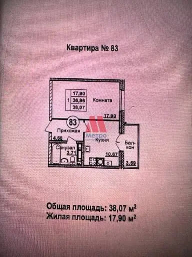 1-комн. квартира, 37,1 м², 2/9 этаж